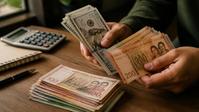 Manos contando billetes de dólar y bolivianos sobre un escritorio, junto a una calculadora