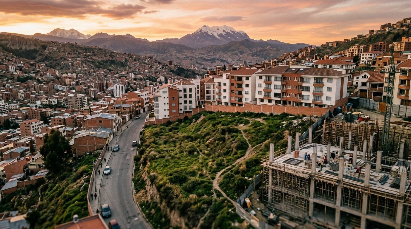 Vista aérea de la zona sur de La Paz al atardecer, con un terreno y una obra en construcción