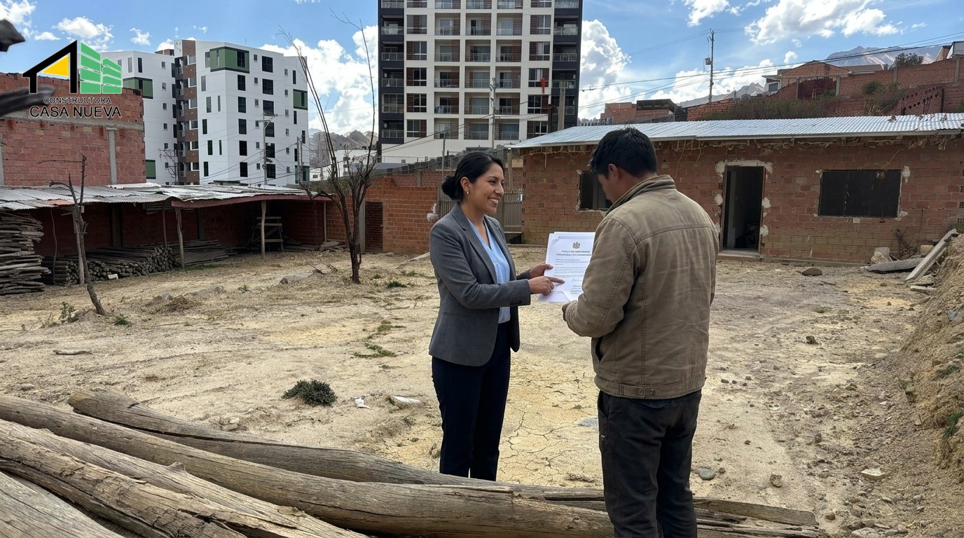 Claudia Zeballos entregando información del terreno a un cliente en el lugar, en Achumani