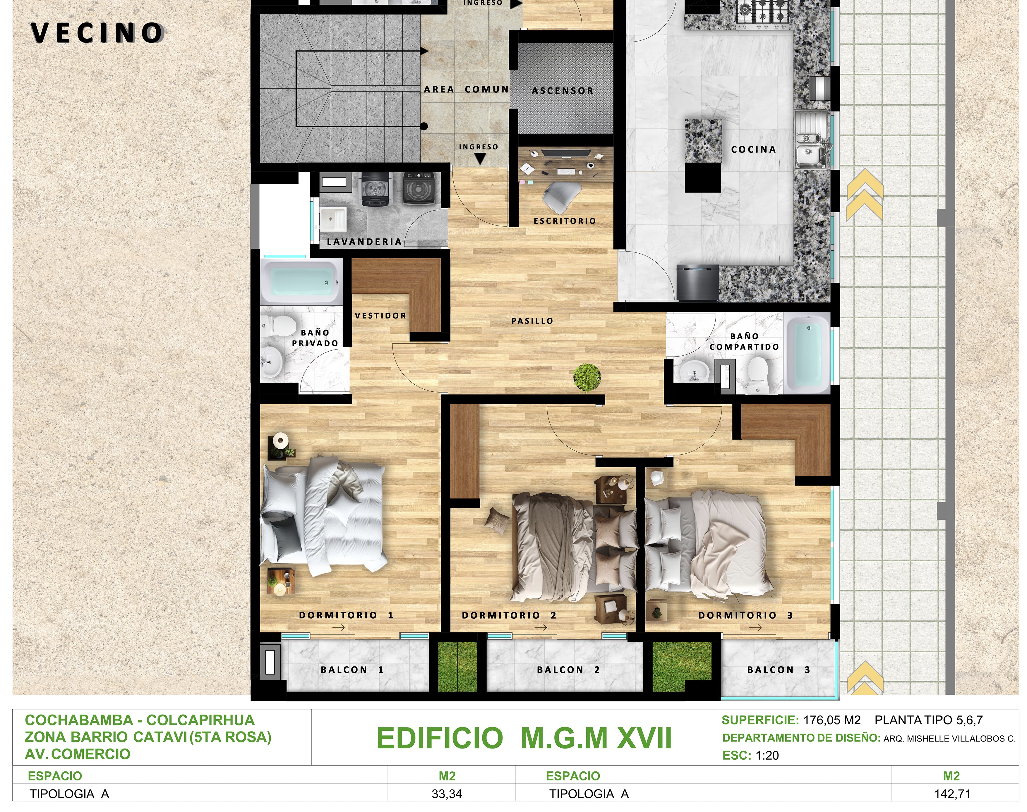 Plano tipología C 3 dormitorios