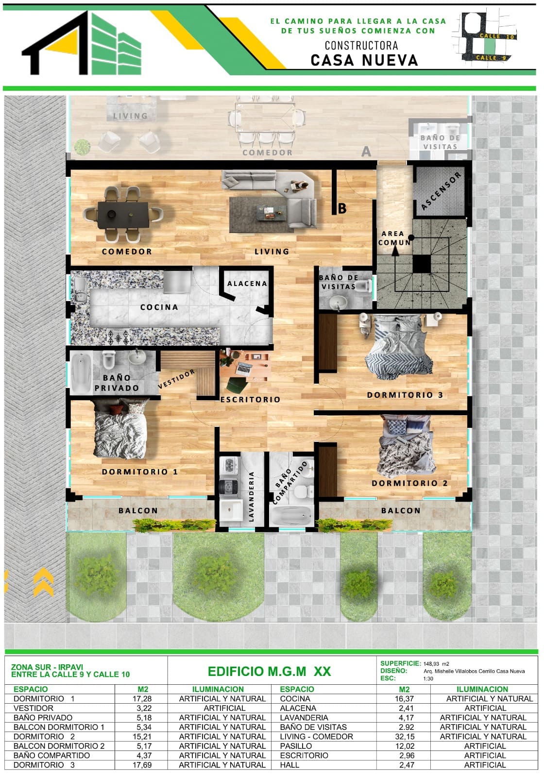 Plano departamento 3 dormitorios tipo B, 148.93 m²